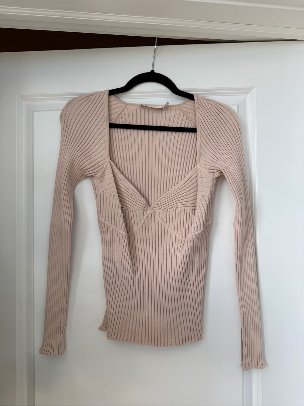 Jonathan Simkhai Blush Ribbed Long-Sleeve Sweetheart Top - Size L
